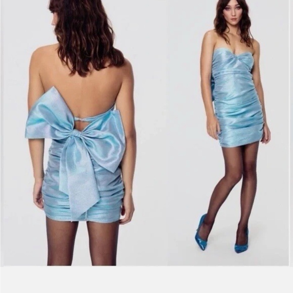 For Love and Lemons Juliette Metallic Blue Strapless Dress with Large Bow